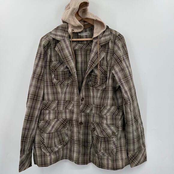 MAURICES Fall Jacket Brown Green Plaid Button Front Hooded Womens Size 0 Small - Picture 6 of 9